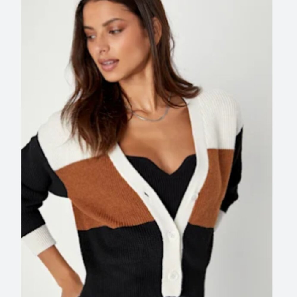 🎉NWT🎉Lulus Winter Love Brown and Black Color Block Cardigan Sweater